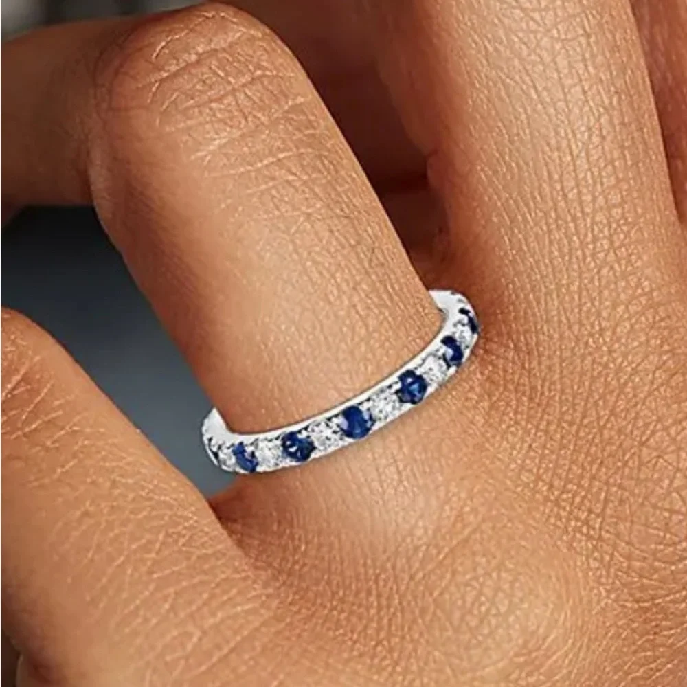 New Sterling Silver Blue & White Sapphires Thin Band